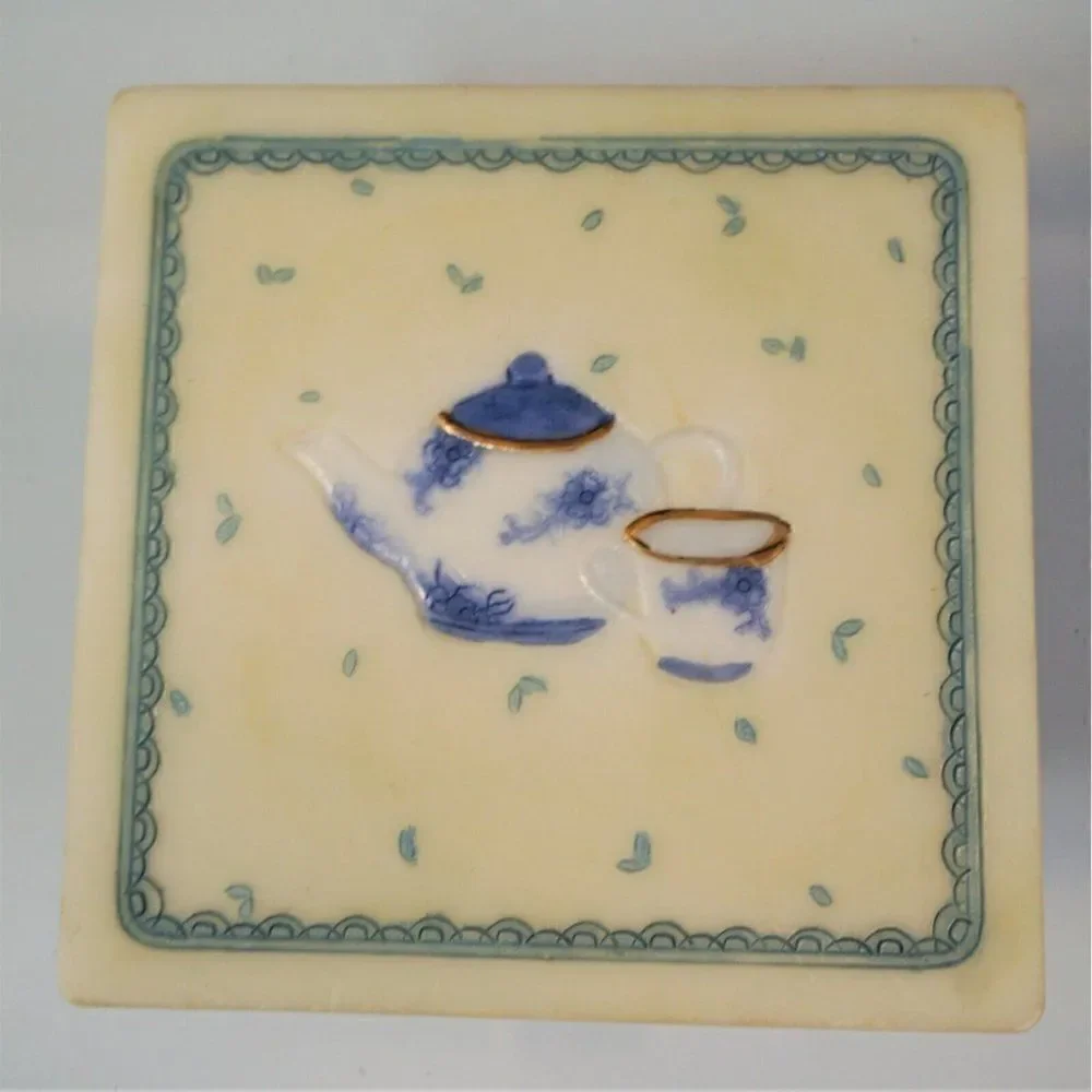 Vintage Tea Time Ceramic Coasters Ivory And Blue With Cork Back Set Of 4